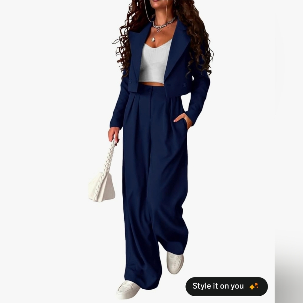 Women's 2 Piece - Cropped Blazer Jacket High Waisted Wide Leg Work Pants NAVY